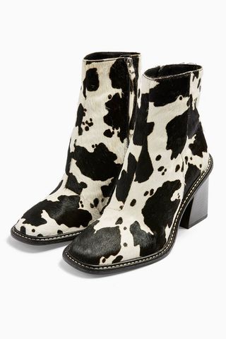 Topshop + Leather Black And White Cow Print Boots