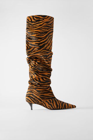 Zara + Leather Animal-Print Kitten Heel Boots