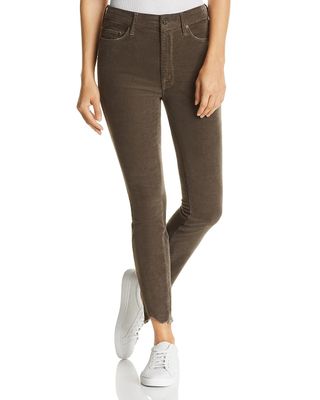 Mother + Looker High-Rise Chewed-Hem Corduroy Skinny Jeans in Taupe