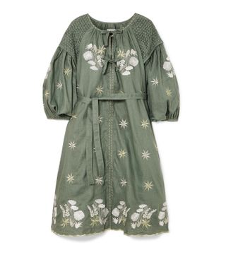 Innika Choo + Smocked Embroidered Linen Dress