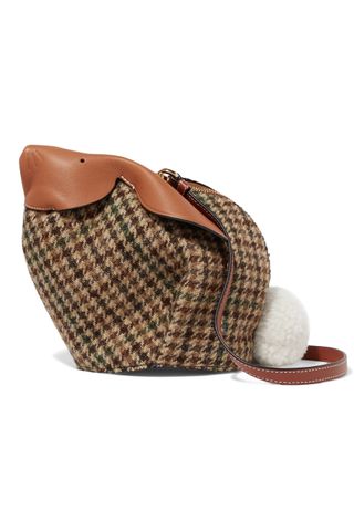 Loewe + Bunny Mini Shearling Pompom-Embellished Tweed and Textured-Leather Shoulder Bag