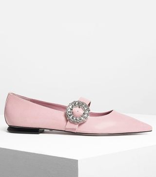 Charles & Keith + Crushed Gem Effect Buckle Leather Flats