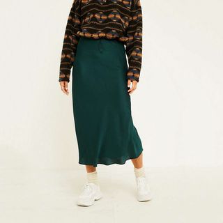 Urban Outfitters + Green Satin Bias-Cut Midi Skirt