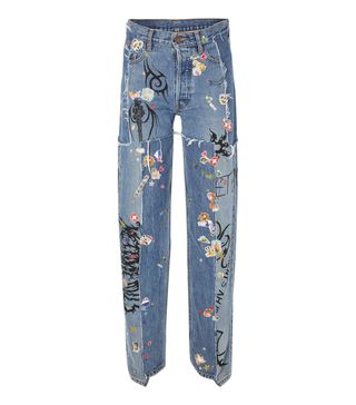 Vetements + Distressed Embellished Straight-Leg Jeans