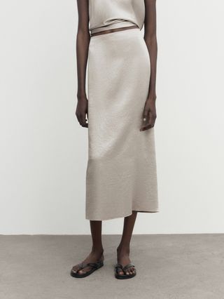 Massimo Dutti + Creased-Effect Camisole Satin Midi Skirt