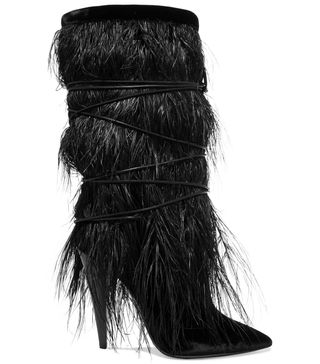 Saint Laurent + Yeti Feather-Trimmed Velvet Boots