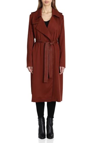 Badgley Mischka + Faux Leather Trim Long Trench Coat