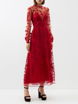 Elie Saab + Floral-Embroidered Tulle Midi Dress