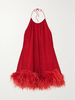 Oséree + Lumière Feather-Trimmed Metallic Stretch-Knit Halterneck Mini Dress