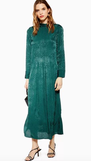 Topshop + Forest Green Jacquard Pintuck Midi Dress