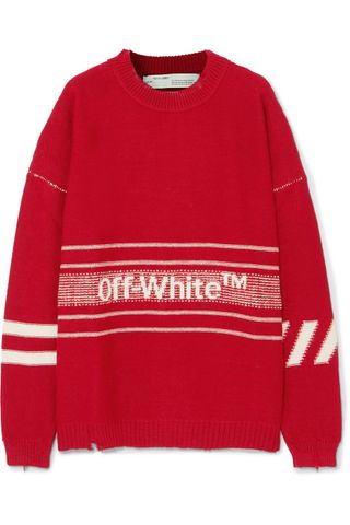 Off-White + Oversized Distressed Embroidered Intarsia Wool Sweater