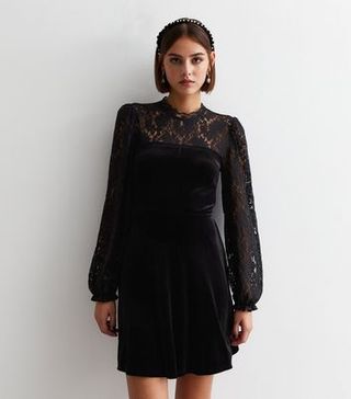New Look + Black Velvet Lace Trim Mini Dress