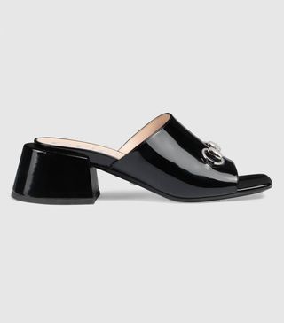 Gucci + Patent Leather Mid-Heel Slide Black
