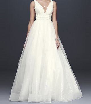 Galina Signature + Plunging Sequin Tulle Ball Gown Wedding Dress