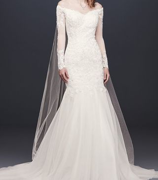 David's Bridal Collection + Long Sleeve Off-the-Shoulder Trumpet Wedding Dress