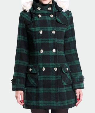 Generic + Warm Double Breasted Hooded Wool Blend Plaid Jacket