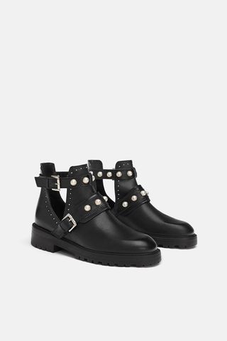 Zara + Flat Leather Ankle Boots With Faux Pearls