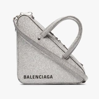 Balenciaga + Silver Metallic Triangle Glitter Leather Shoulder Bag