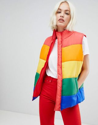 Daisy Street + Padded Vest in Rainbow Stripe