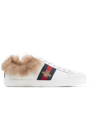 Gucci + Ace Shearling-Lined Embroidered Leather Sneakers