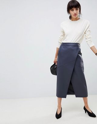 ASOS Design + Leather Look Wrap Midi Skirt With Buckle Belt