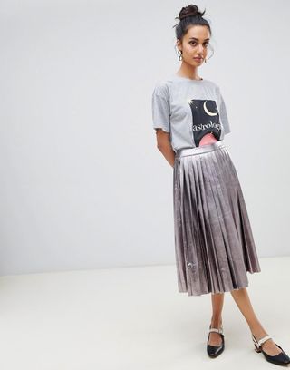 Neon Rose + Pleated Midi Skirt in Metallic Faux Leather