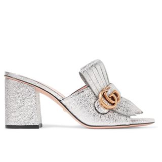 Gucci + Marmont Fringed Metallic Cracked-Leather Mules