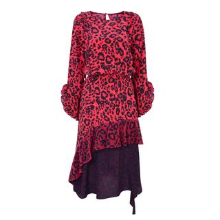 Studio by Preen + Red Leopard Print Silk High Low Dress