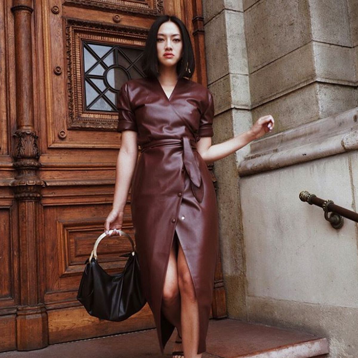 nanushka vegan leather dress NANUSHKA Moha Cold-Shoulder Vegan Leather Mini Wrap Dress