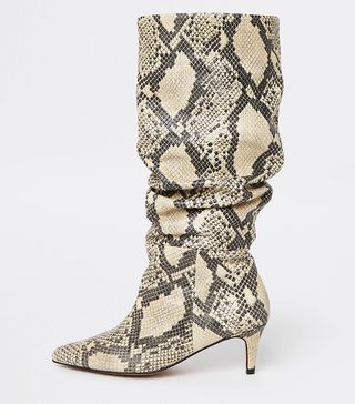 River Island + Beige RI Studio Snake Leather Slouch Boots