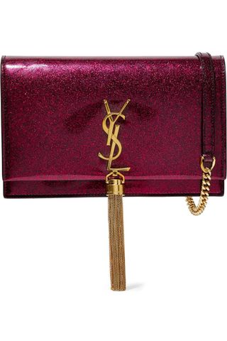 Saint Laurent + Monogramme Kate Medium Glittered Patent-Leather Shoulder Bag