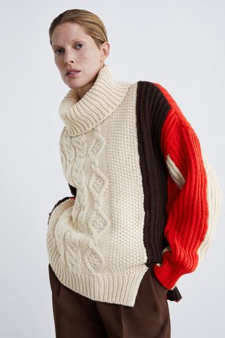 Zara + Colour Block Cable Knit Sweater