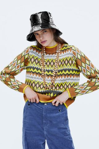 Zara + Argyle Sweater With Metallic Thread