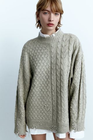 Zara + Studded Braided Knit Sweater