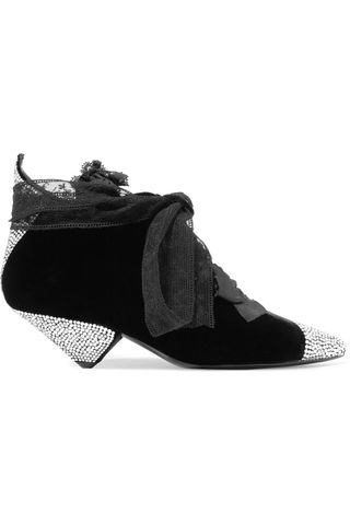 Saint Laurent + Blaze Crystal-Embellished Lace-Trimmed Velvet Ankle Boots