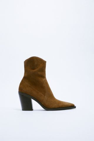 Zara + Split Leather Heeled Cowboy Ankle Boots
