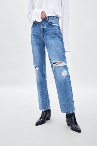 Zara + Straight Leg Mid-Rise Damaged Jeans