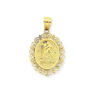 14ct Yellow Gold Textured back Solid Satin Polished Aquarius Zodiac Oval Pendant