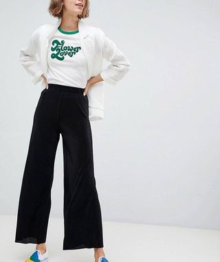 Monki + Plisse Cropped Wide-Leg Pants