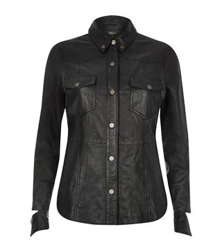 River Island + RI Studio Black Leather Popper Front Shirt