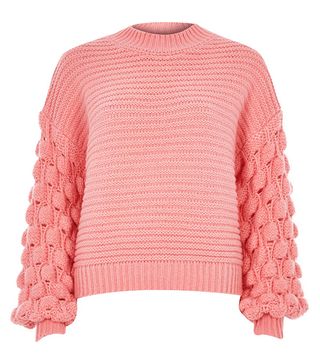 River Island + Light Pink Knit Bobble Sleeve Jumper