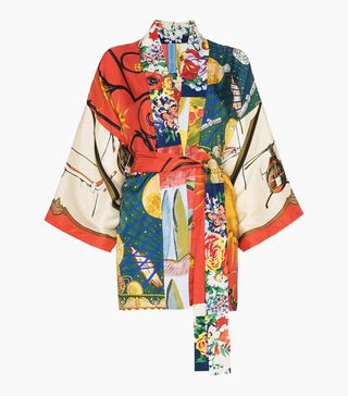 Rianna + Nina + Short Multi Floral Planet Print Silk Kimono Robe