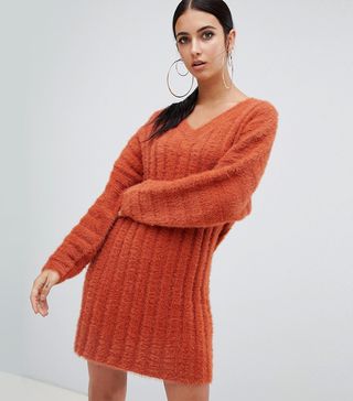 Misguided + V-Neck Fluffy Knitted Sweater Dress