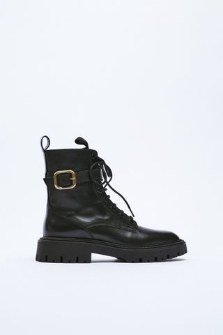 Zara + Laced Leather Ankle Boots With Buckle