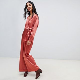 Lost Ink + Wrap Front Plunge Jumpsuit in Satin