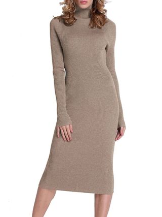 Rocorose + Turtleneck Ribbed Elbow Long Sleeve Knit Sweater Dress