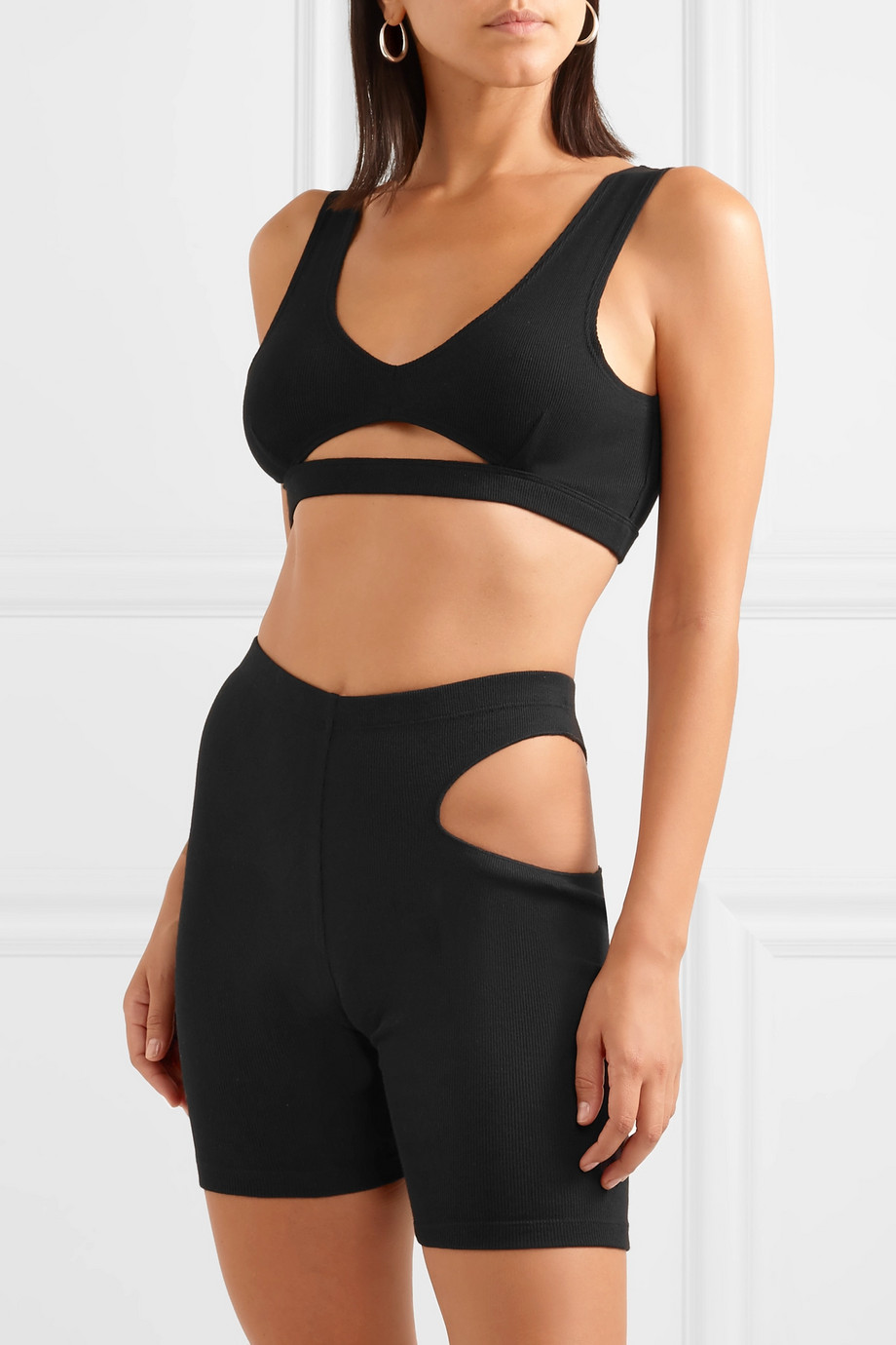 Marieyat + Hunt Cutout Ribbed Cotton-Blend Shorts