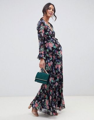 ASOS Design + Maternity Pleated Wrap Maxi Dress With Ruffle