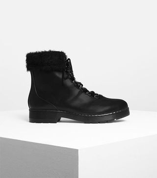 Charles & Keith + Furry Cuff Detail Combat Boots Black