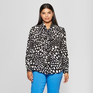 Who What Wear x Target + Polka Dot Long Sleeve Exaggerated Tie Neck Blouse